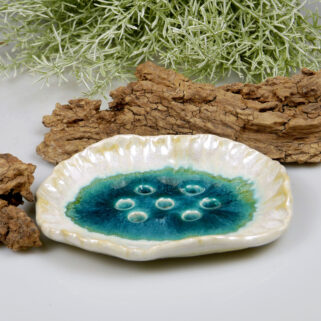 Ceramiczna mydelniczka biało turkusowa ręcznie wykonana