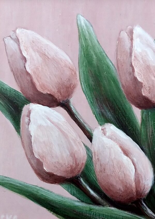 Pięć różowych tulipanów - akryl na płycie HDF - Dorota Waberska