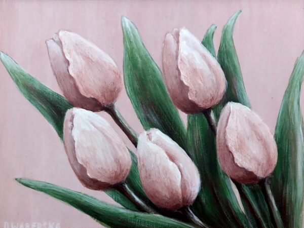 Pięć różowych tulipanów - akryl na płycie HDF - Dorota Waberska