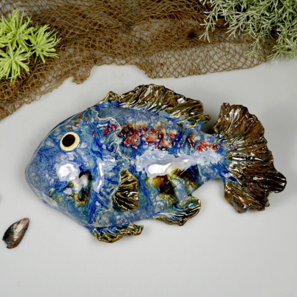 Ryba ceramiczna Złocisto-Błękitna, zawieszka na ścianę