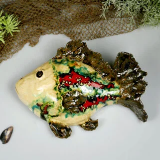 Ryba ceramiczna - Pasiasta, uformowana ręcznie z gliny, kolorowa, oryginalna dekoracja