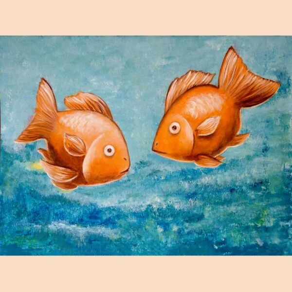 Złote Rybki w Kąpieli - akryl obraz ręcznie namalowane dwie pomarańczowe rybki