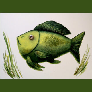 Ukryta w Roślinach - obraz akrylowy z zieloną rybą malowany ręcznie