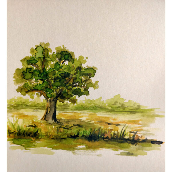 Samotne drzewo obraz ręcznie malowany farbami akwarelowymi